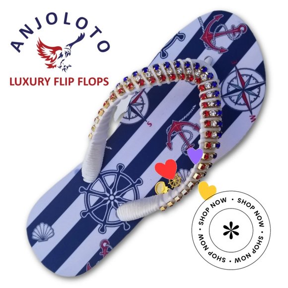 Women's Luxury nautical flip flops, with crystals and rhinestones, all occasions - Picture 11 of 17